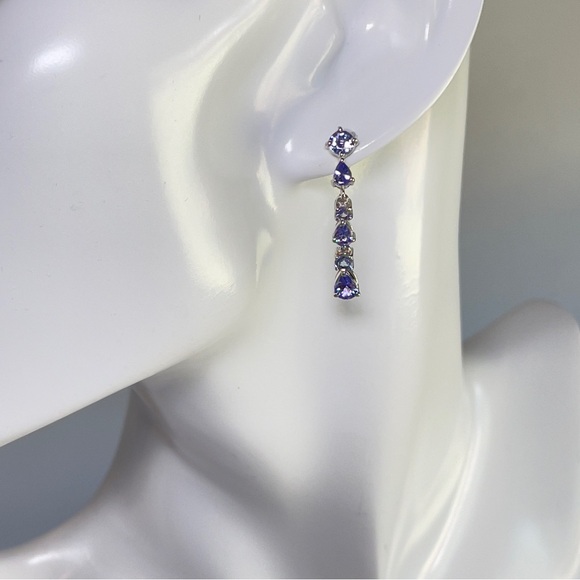 925 Silver Round and Pear Shaped December Birthstone Tanzanite Dangle Earrings - Picture 5 of 17